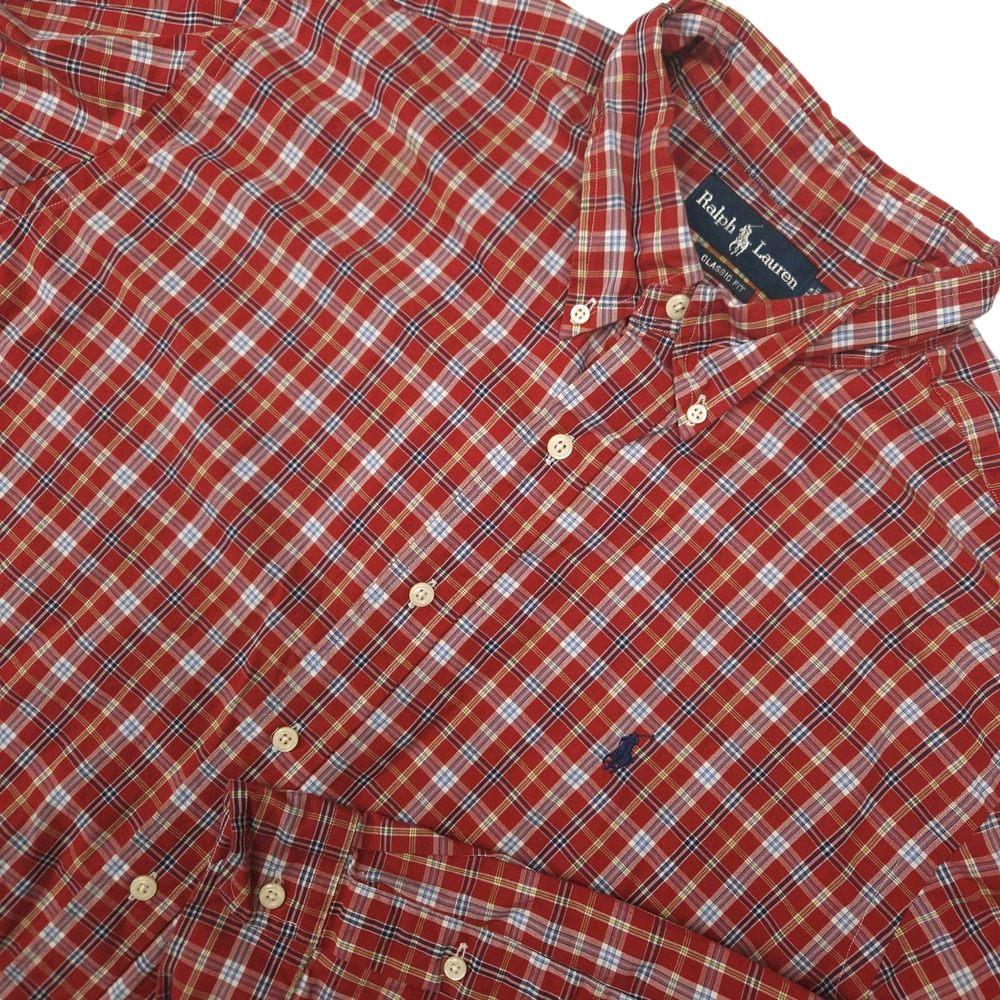 Ralph Lauren Button Down Shirt Men's 2xl XXL Red Plaid Classic Fit Long Sleeve
